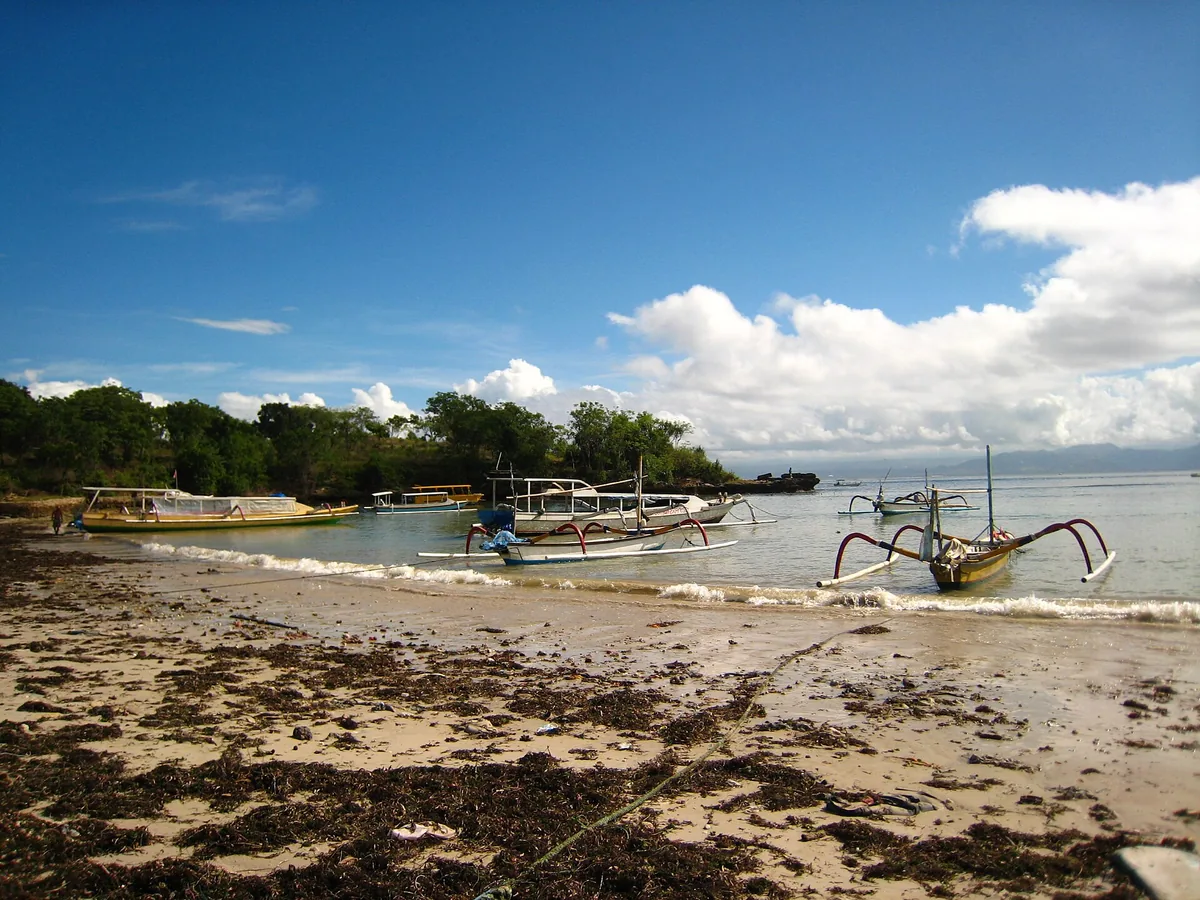 A beach with traditional boats and an island behind