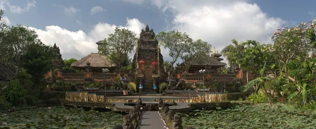 A stone path crossing a lotus pond and leading to a carved temple gate