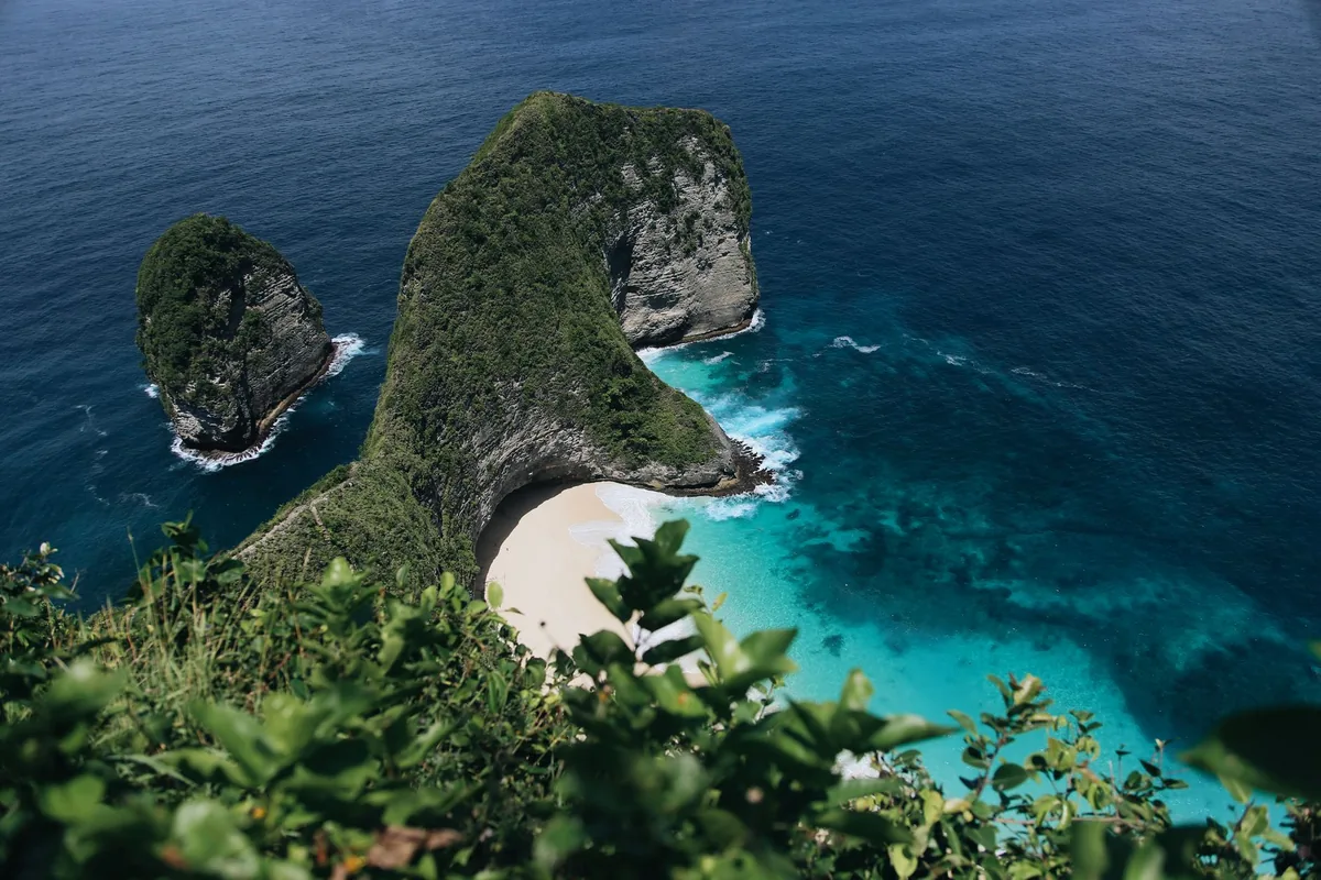 A green headland and a white sand cove