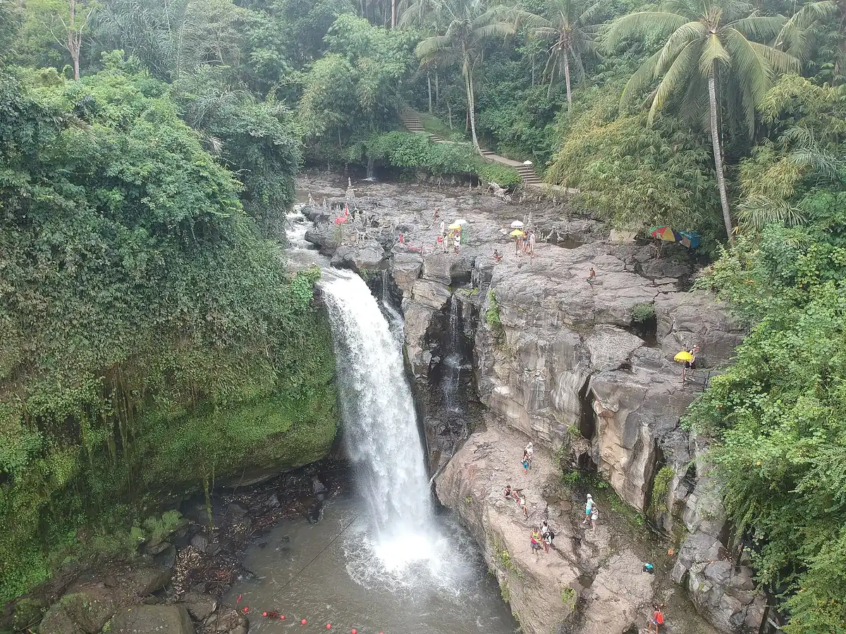 A white waterfall dropping into a pool between green jungle walls