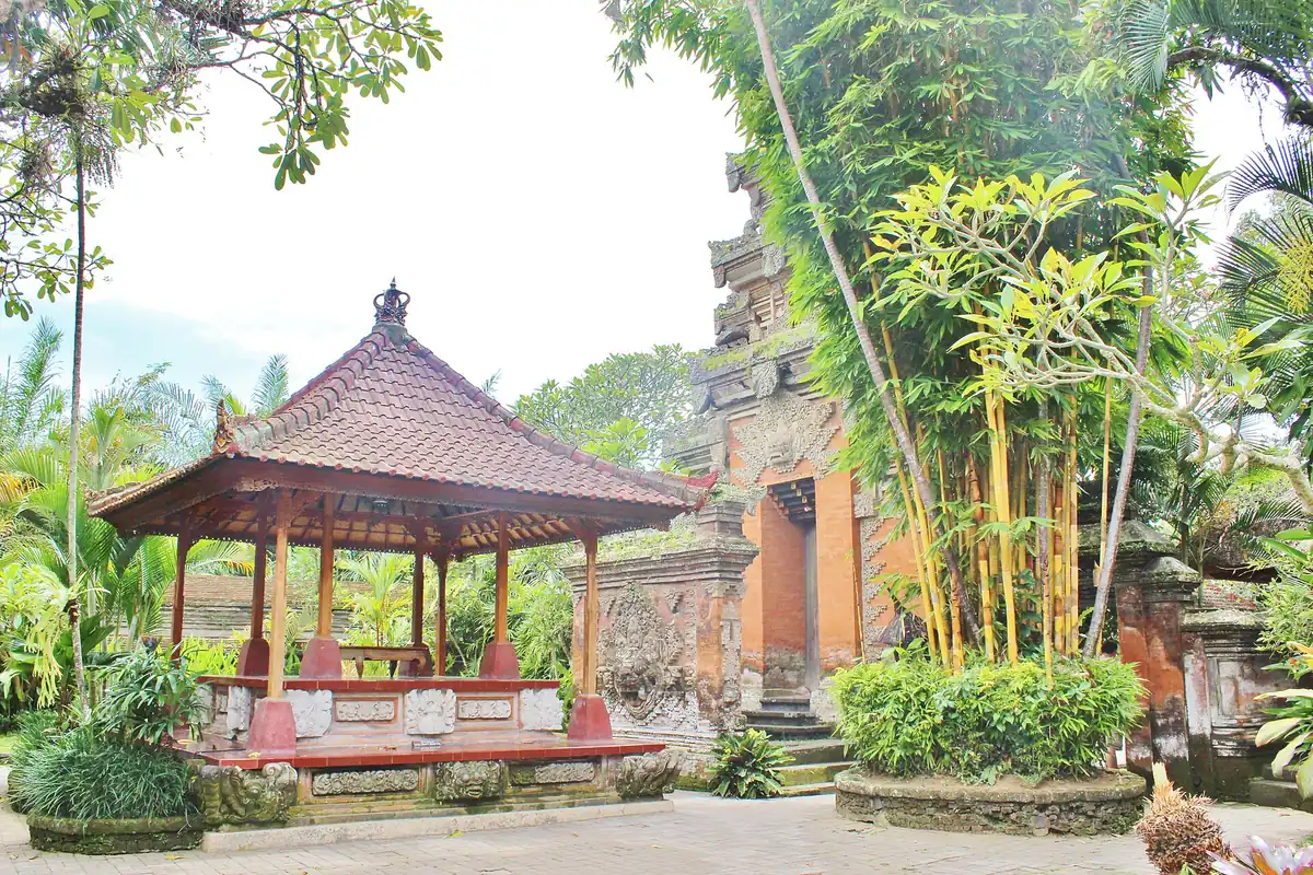A covered Balinese pavilion among bamboo