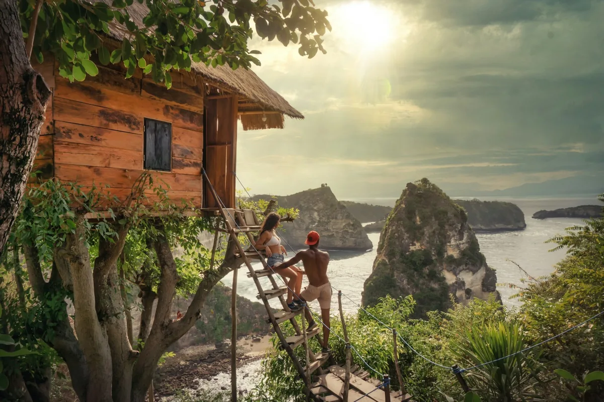 A treehouse on a cliff above a bay