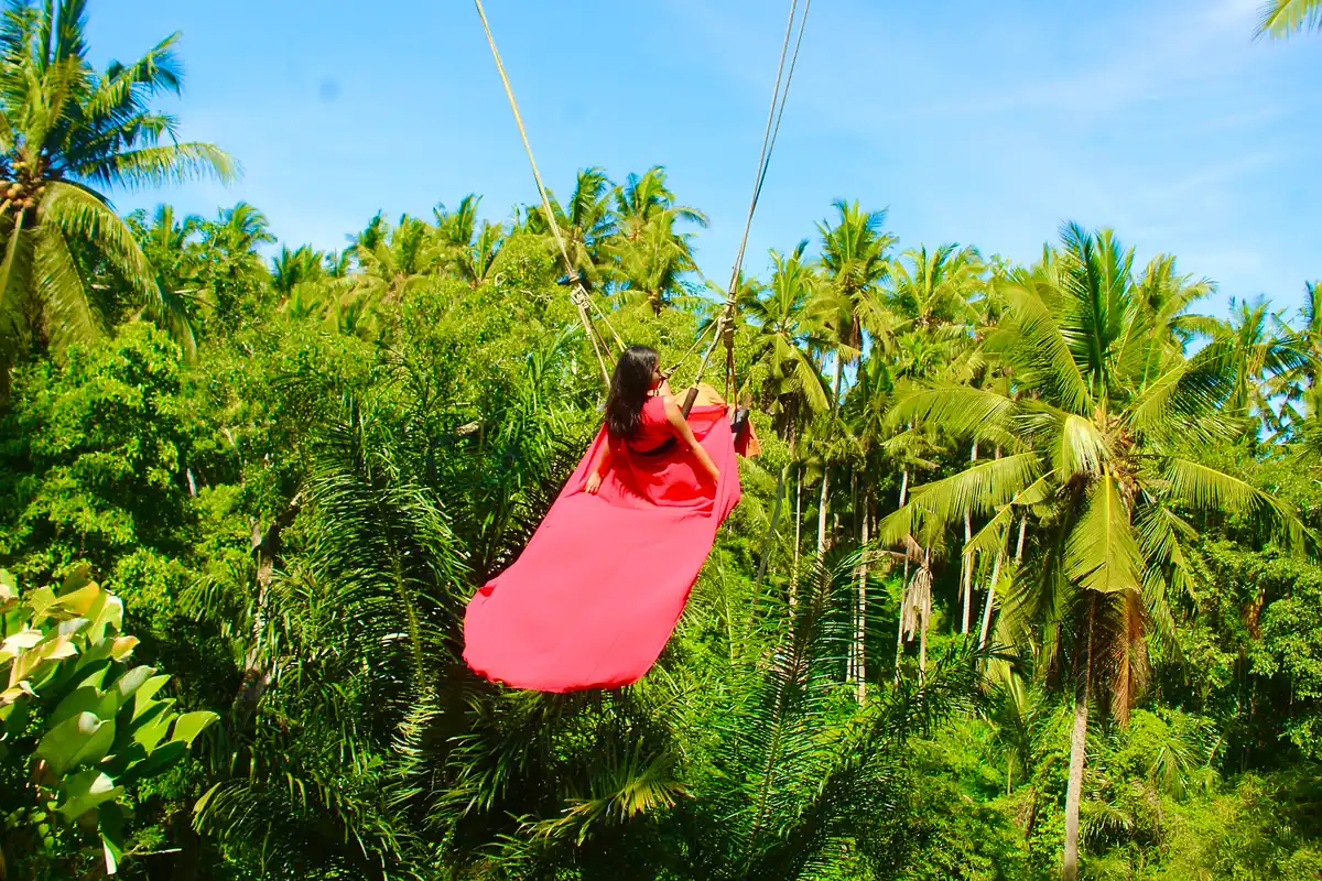 A swing hanging over a palm jungle with a red dress billowing in the air